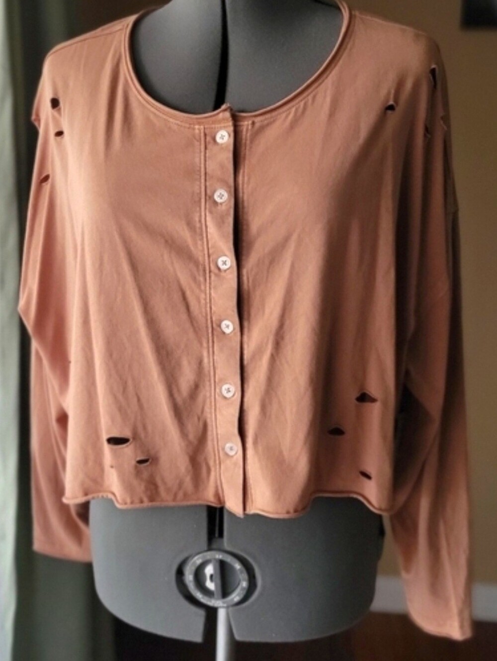 NWT Rust Distressed Cutout Cropped Button Front Grunge Boho Top M Cactus + Pearl